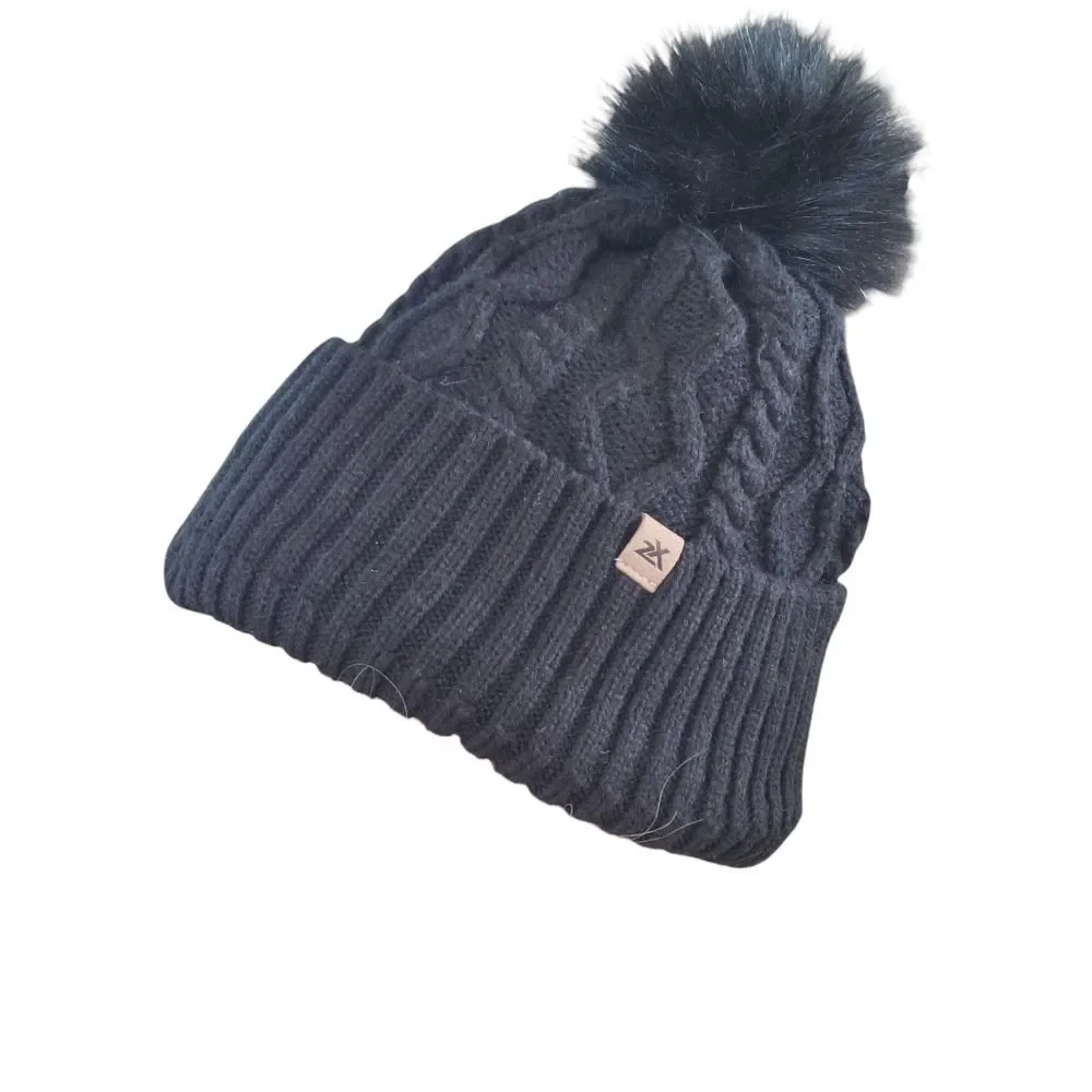 Women's Beanie Hat Black Cable Knit with Fuzzy Pom Pom Top Plushy Lining OS